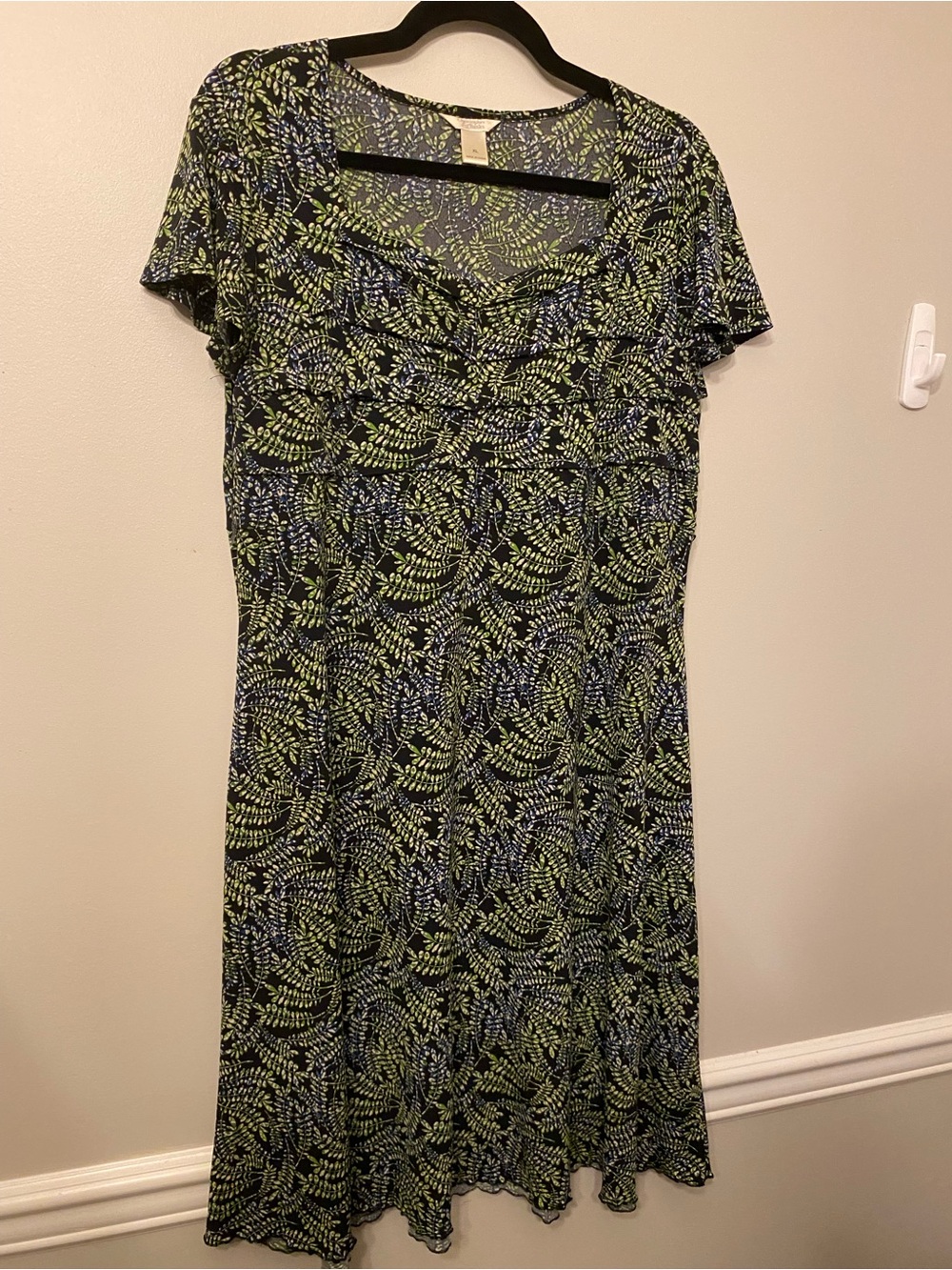 Christopher & Banks Black Dress with Green & Blue Leaf Print